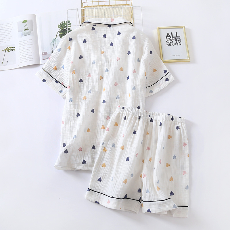 Women's Sleepwear Japanese summer ladies cotton gauze short sleeve shorts pajamas suit cute heart-shaped thin section home service suit woman 230