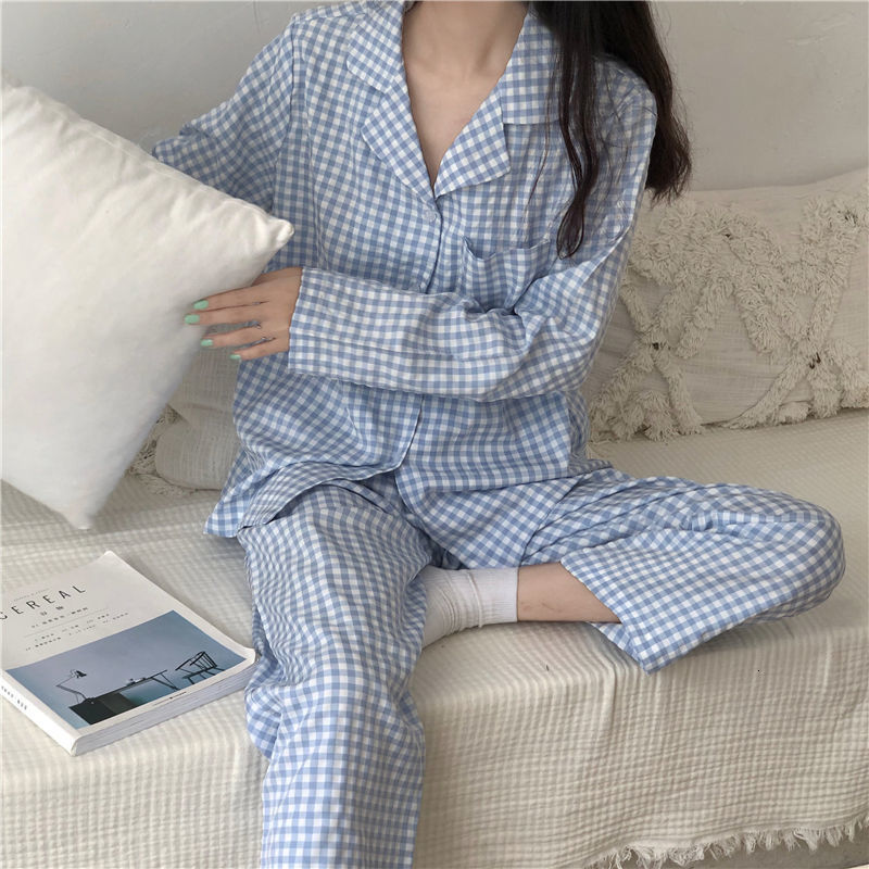 Women's Sleepwear Korean Style Women Plaid Print Pajamas Set Full Sleeve TopsLong Pants 2 Pieces Suit Casual Loose Sleepwear Lounge Wear 230227