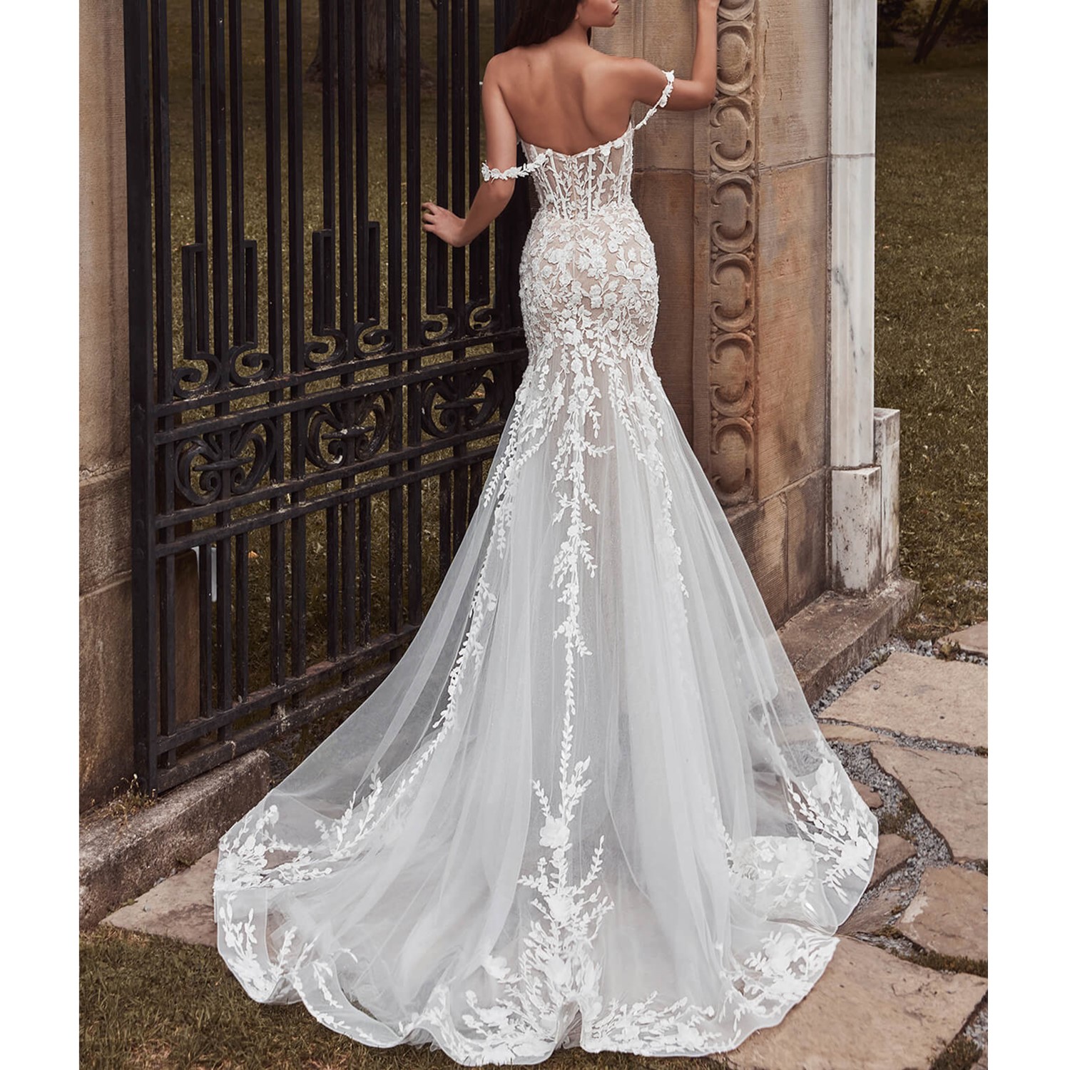 Julie Vino Mermaid Wedding Dresses Detachable Train Off Shoulder Sweep Backless Lace Dress Applique Bridal Gown