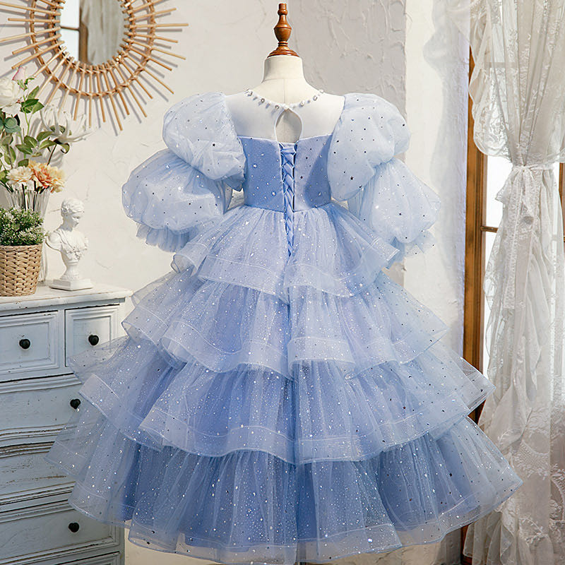 Cute Flower Girl Dresses For Wedding Sky Blue White Lace Floral Appliques Tiered Skirts Girls Pageant Dress A Line Kids Birthday Gowns 403
