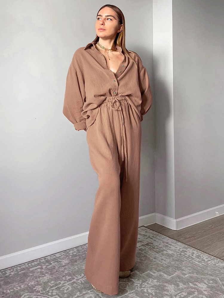 Women's Sleepwear Linad Cotton Women's Home Clothes Brown Long Sleeve 2 Piece Sets Sleepwear Loose Trouser Suits Casual Female Pajamas Autum