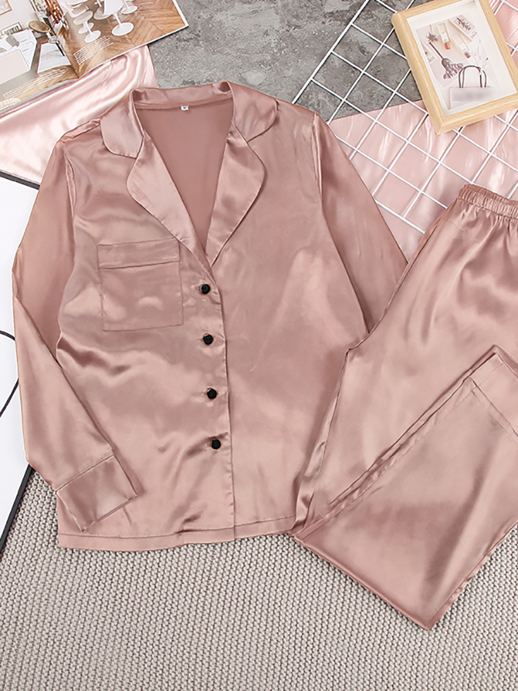 Women's Sleepwear Restve Autumn Women Pajamas Turndown Collar Pocket Long Sleeve Casual Pants 2 Piece Set Sleepwear Female Home Suit Sets 230227