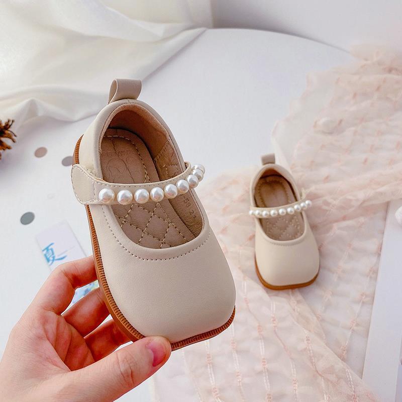 First Walkers Girls Pearls Cute Baby Walking Shoes Spring Versatile Korean Anti-skid Square-toe Kindergarten Princess Children Flats 230227, Beige