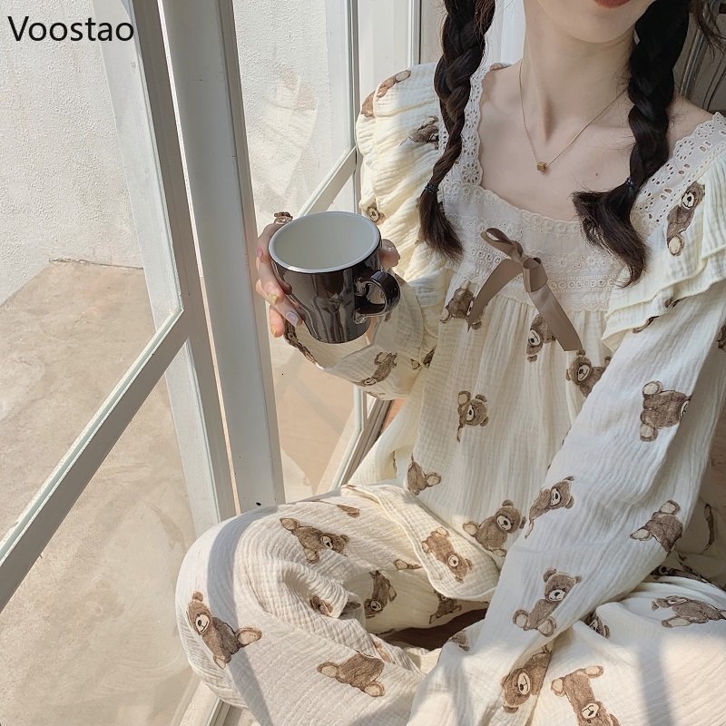 Women's Sleepwear Cute Pajamas Women Japanese Sweet Room Wear Lace Ruffles Kawaii Bear Print 2 Piece Set Spring Autumn Casual Sleepwear Pijamas 2