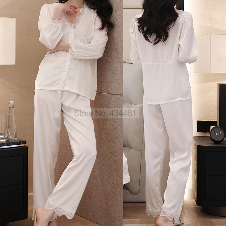 Women's Sleepwear Patchwork Satin Pajamas Suit Sleepwear With Lace Women Nightgown Button-down Pyjamas Pour Femme Nightwear Casual Home Wear 2302