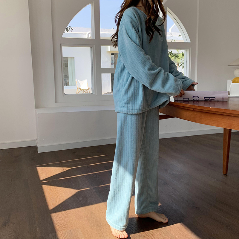 Women's Sleepwear Autumn Winter Warm Flannel Women Pyjamas Sets Thick Long Sleeve Soild Sleepwear Pajamas Set Home Clothing Suit Homewear 230227