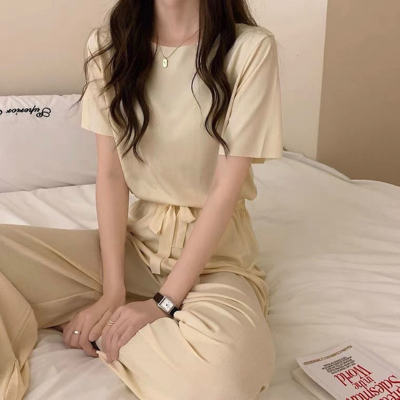 Women's Sleepwear Summer Suit for Women French Solid Color Ice Silk Sleepwear Pajamas Two Piece Set Home Wear Nightwear Comfortable Pyjamas 23022