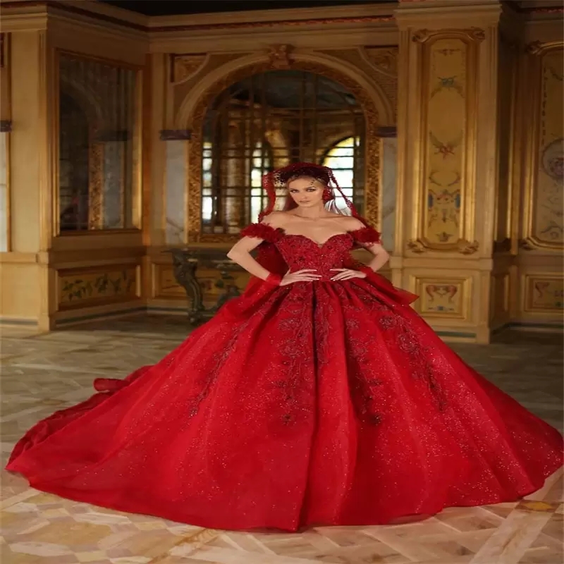 Ball Red Gown Wedding Dresses Off-shoulder Sleeveless Applique Lace Beaded Sequins Bridal Dress Sweep Train