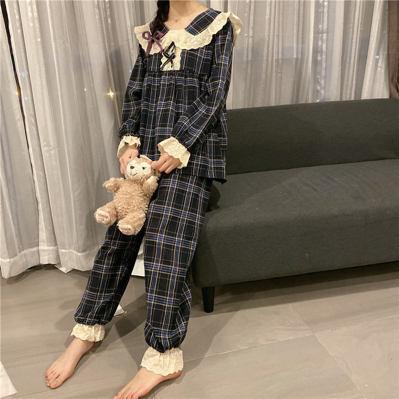 Women's Sleepwear Women Long Sleeve Plaid Pajama Sets Sweet Princess Lace Turn Down Collar Cute Sleepwear Korean Lounge Two Pieces Pyjamas Female