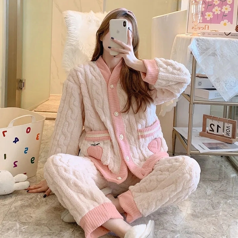 Women's Sleepwear Winter Women Pajamas Set Turn-down Collar Sleepwear Warm Flannel Pajama Casual Mom Sleepwear Pyjamas Homewear Cloth 230227