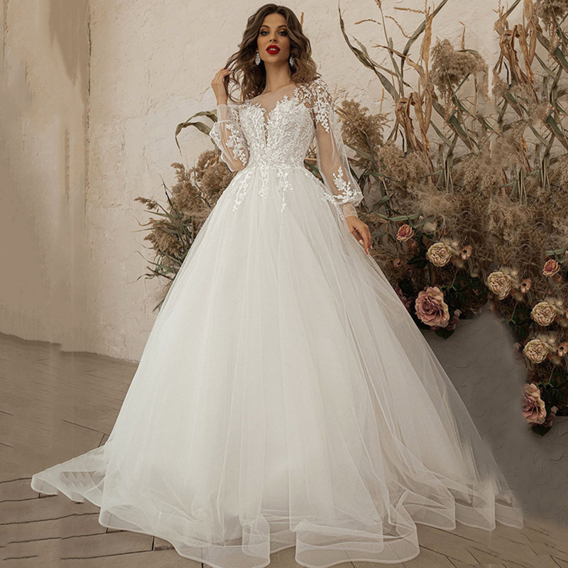 2023 Newfashioned Romantic Bridal Wedding Dress Poet Long Sleeves Jewel Sweep Train A-Line Gowns, White
2023 Newfashioned Romantic Bridal Wedding Dress Poet Long Sleeves Jewel Sweep Train A-Line Gowns, White
