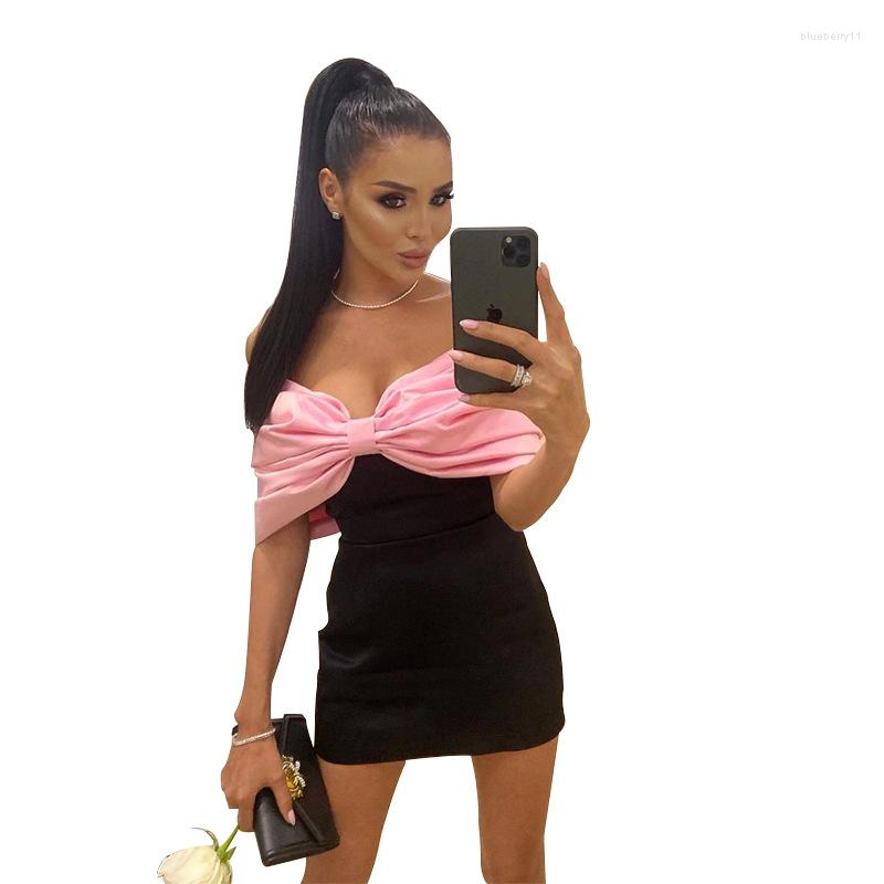 Women's Pink Bow Neck Short Sleeve High Waist Mini Casual Party Evening Dress Polyester Summer Spring Sexy Fashion