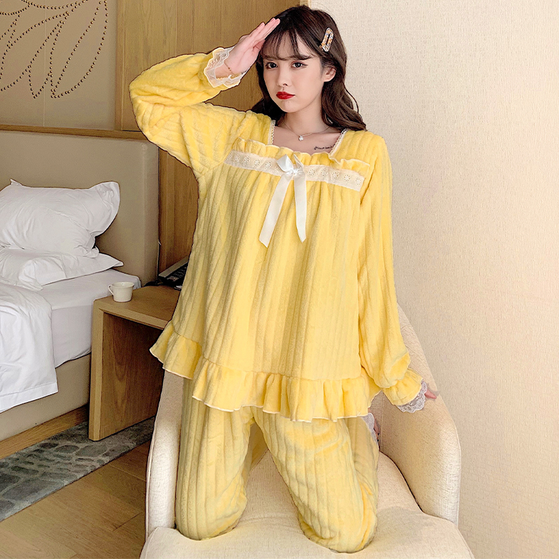 Women's Sleepwear Fall Winter Long Sleeve Pajama Sets Women Cozy Fluffy Homewear Outfit Casual Sweet Bow Princess Flannel Students Thermal Heatin