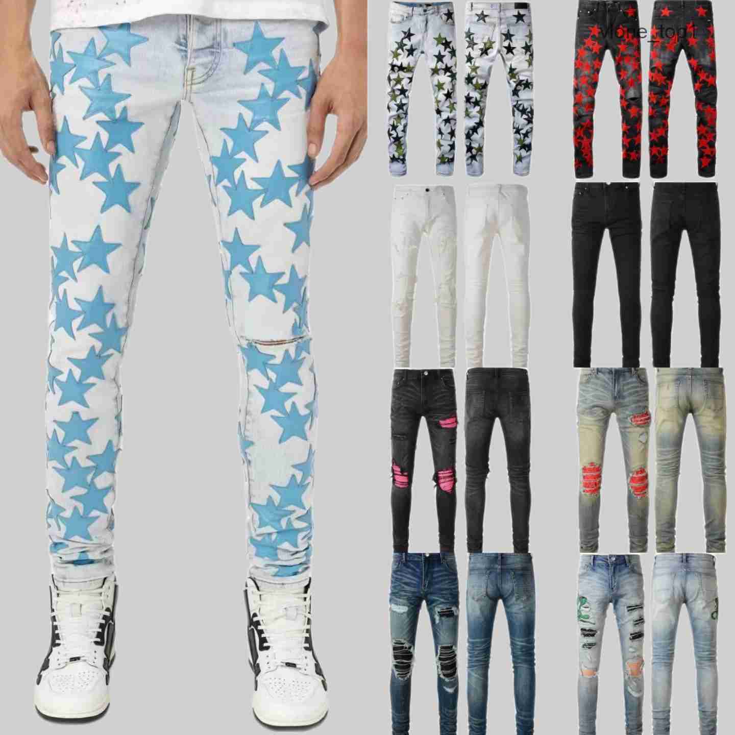 Tattered Denim Design amirly Patchwork Paige Mens Stars Pattern Designer Pants Letters Torn Jeans Knee Slim Ripped for Man Skinny Straight B5A9, 11
Tattered Denim Design amirly Patchwork Paige Mens Stars Pattern Designer Pants Letters Torn Jeans Knee Slim Ripped for Man Skinny Straight B5A9, 11