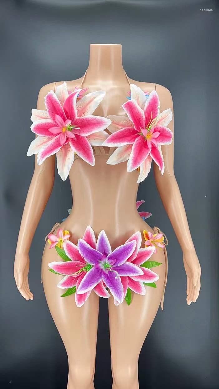 Stage Wear Sexy Flower Halter Bikini Sets For Women Carnival Drag Queen Outfits Party Club Celebration Clothing Showgirl Costumes