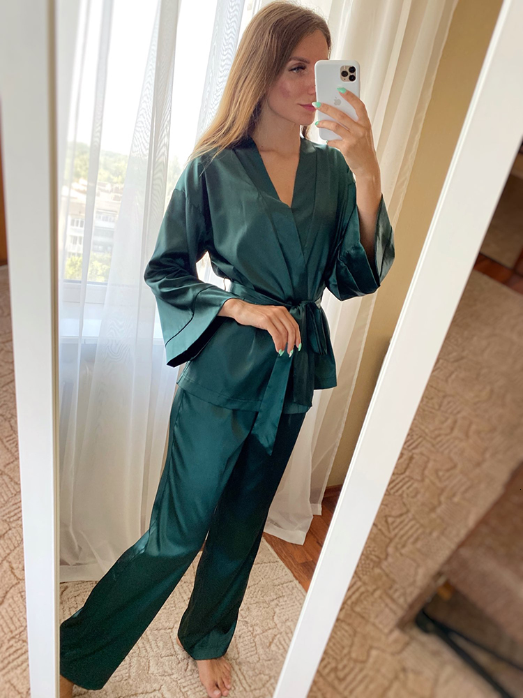 Women's Sleepwear Solid Color Sleepwear Loose Flare Home Pants Three Quarter Sleeve Satin Robe Sets Bathrobe For Women Pajama Fashion Spring 2302