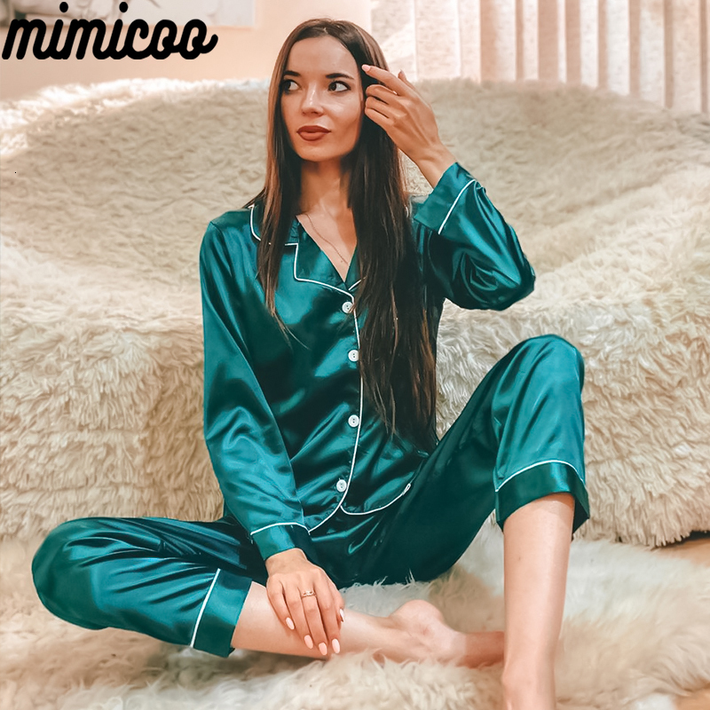 Women's Sleepwear 2 Pieces Faux Silk Satin Pajamas Set Autumn Women Sleepwear Long Sleeve Home Suits for Women Ladies Solid Color Nightwear 23022