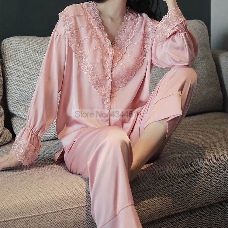 Women's Sleepwear Patchwork Satin Pajamas Suit Sleepwear With Lace Women Nightgown Button-down Pyjamas Pour Femme Nightwear Casual Home Wear 2302