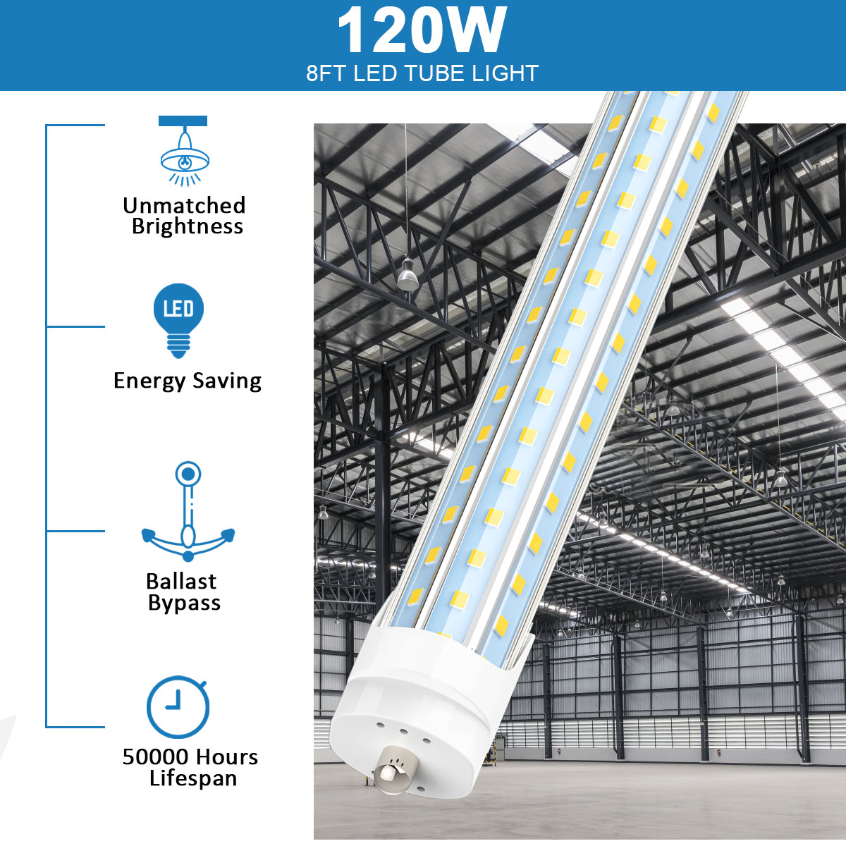 8ft led tube lights, Single Pin FA8 T8 96 inch D shape 120W bulbs LED shop Light, clear cover, cold white, t10 t12 bubes fluorescent replacement, no b