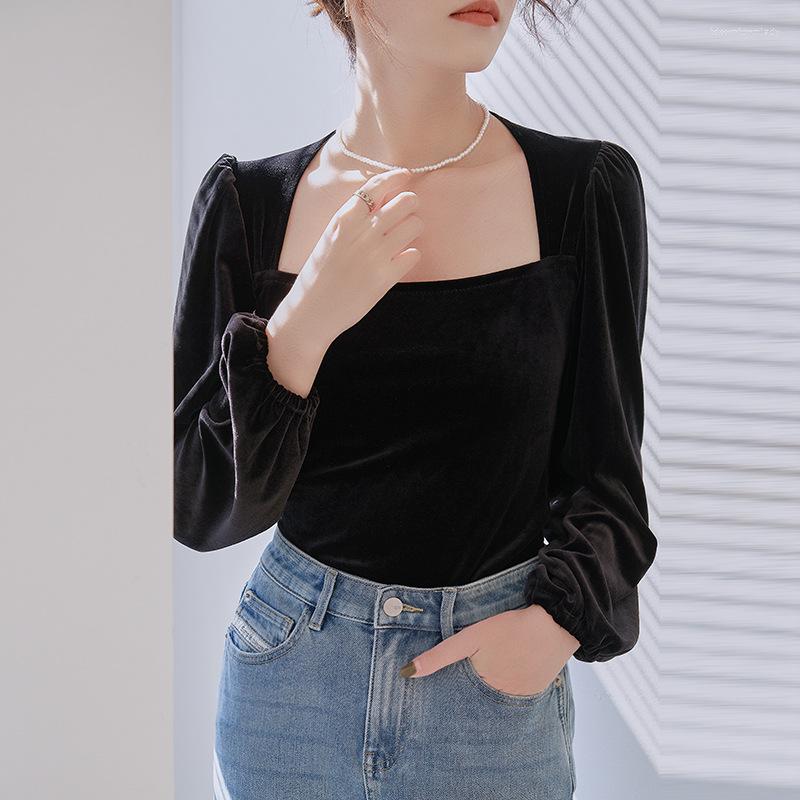 Women' T Shirts Early Autumn Long-sleeved T-shirt French Collarbone Square Collar Top Women' Slim Fit And Thin Gold Velvet Bottoming, Black
Women' T Shirts Early Autumn Long-sleeved T-shirt French Collarbone Square Collar Top Women' Slim Fit And Thin Gold Velvet Bottoming, Black