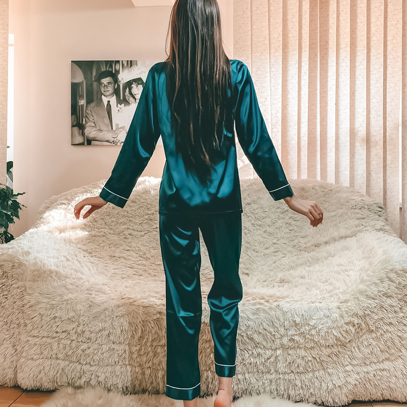 Women's Sleepwear 2 Pieces Faux Silk Satin Pajamas Set Autumn Women Sleepwear Long Sleeve Home Suits for Women Ladies Solid Color Nightwear 23022