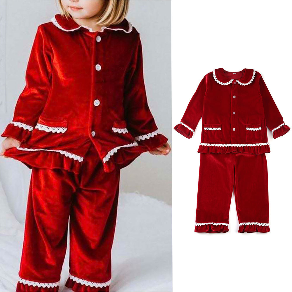 Pajamas Baby Christmas Pajamas Sets Winter Velvet Red With Lace Custom Sleepwear Kids Boys And Girls Pyjamas 230227