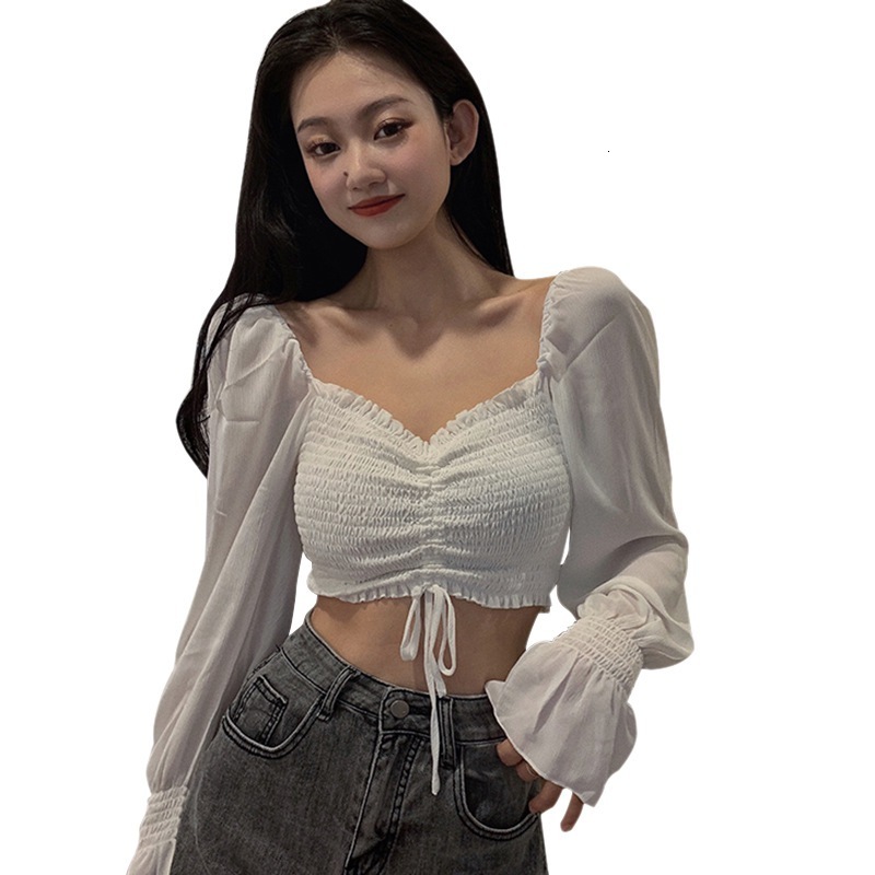 Women's Blouses Shirts Fashion Off Shoulder Shirt Sexy Sweet Pleated Soild Navel Exposed Chiffon Long Sleeves 230227
Women's Blouses Shirts Fashion Off Shoulder Shirt Sexy Sweet Pleated Soild Navel Exposed Chiffon Long Sleeves 230227