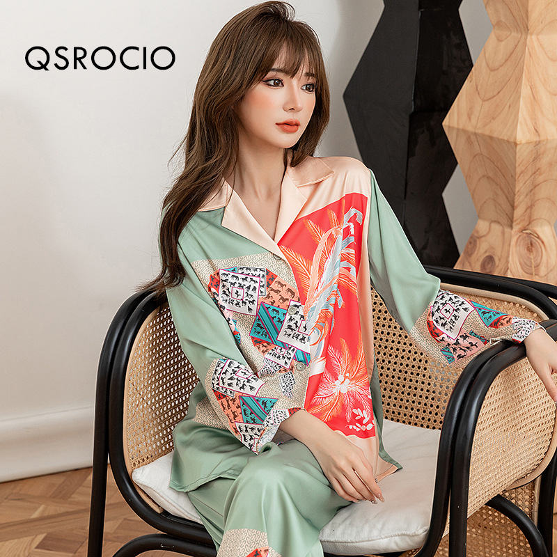 Women's Sleepwear QSROCIO High Quality Women's Pajamas Set Plant Print Silk Like Homewear Sleepwear Elegant Nightwear Femme Leisure Home Clo
