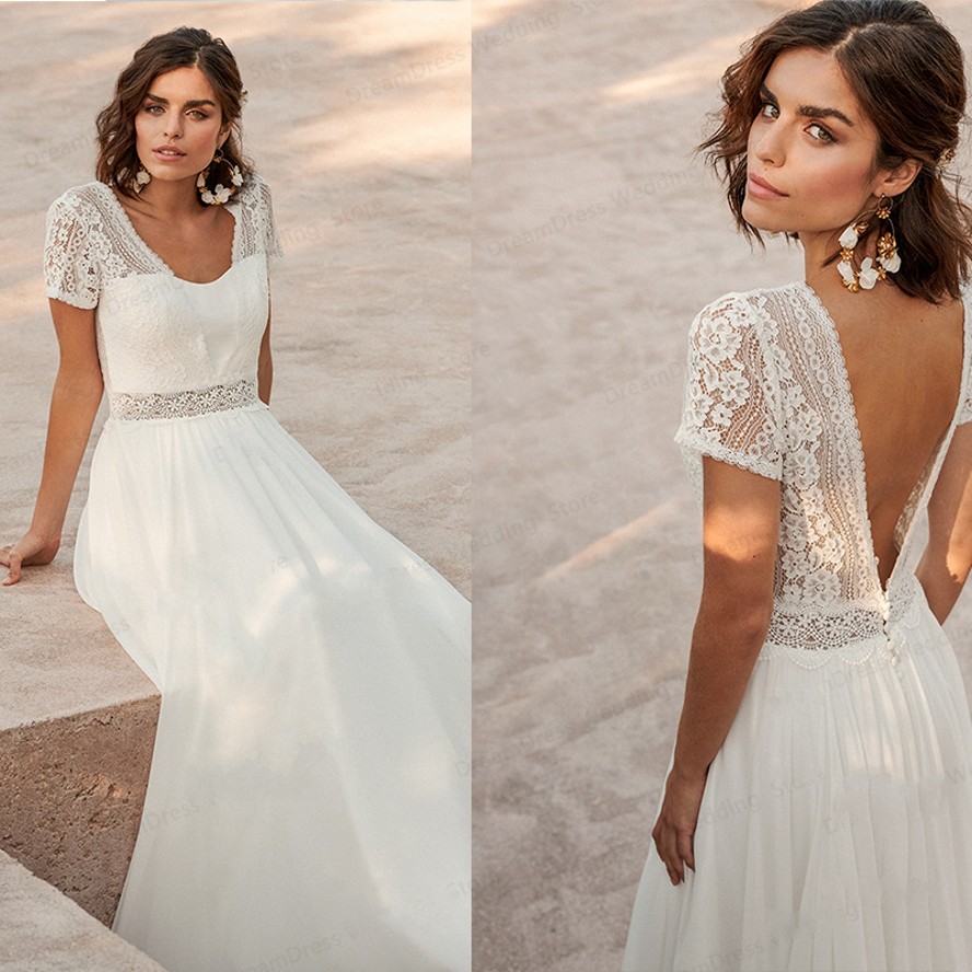 White Wedding Dress For Women Brides 2026 Simple Boho Chiffon Floor Length Robe De Mariee Short Sleeve Backless Bohemian