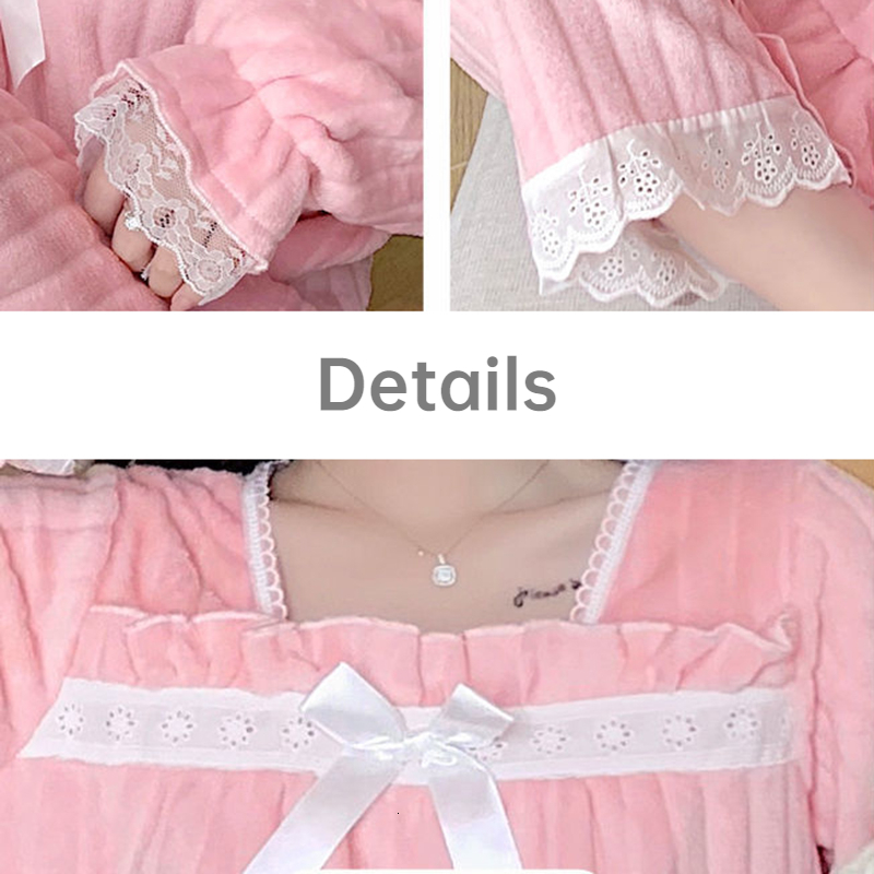 Women's Sleepwear Fall Winter Long Sleeve Pajama Sets Women Cozy Fluffy Homewear Outfit Casual Sweet Bow Princess Flannel Students Thermal Heatin