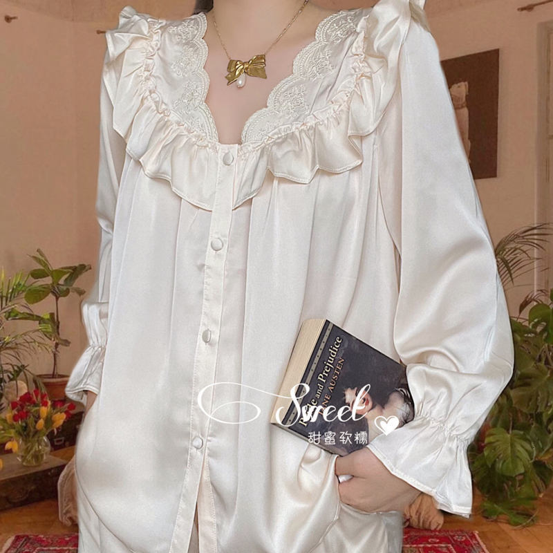 Women's Sleepwear French Women's Dressing Gown Night Dress Negligee court style Silk Robes Nightwear Satin Sleepwear Summer Nightdress Large