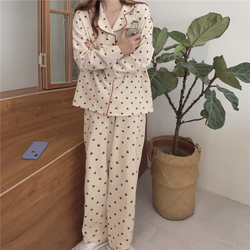 Women's Sleepwear Heart Print Home Suit Loose Cotton Casual Sleepwear Korean Pajamas Set Trousers Harajuku Home Clothes Kawaii Single Breasted To