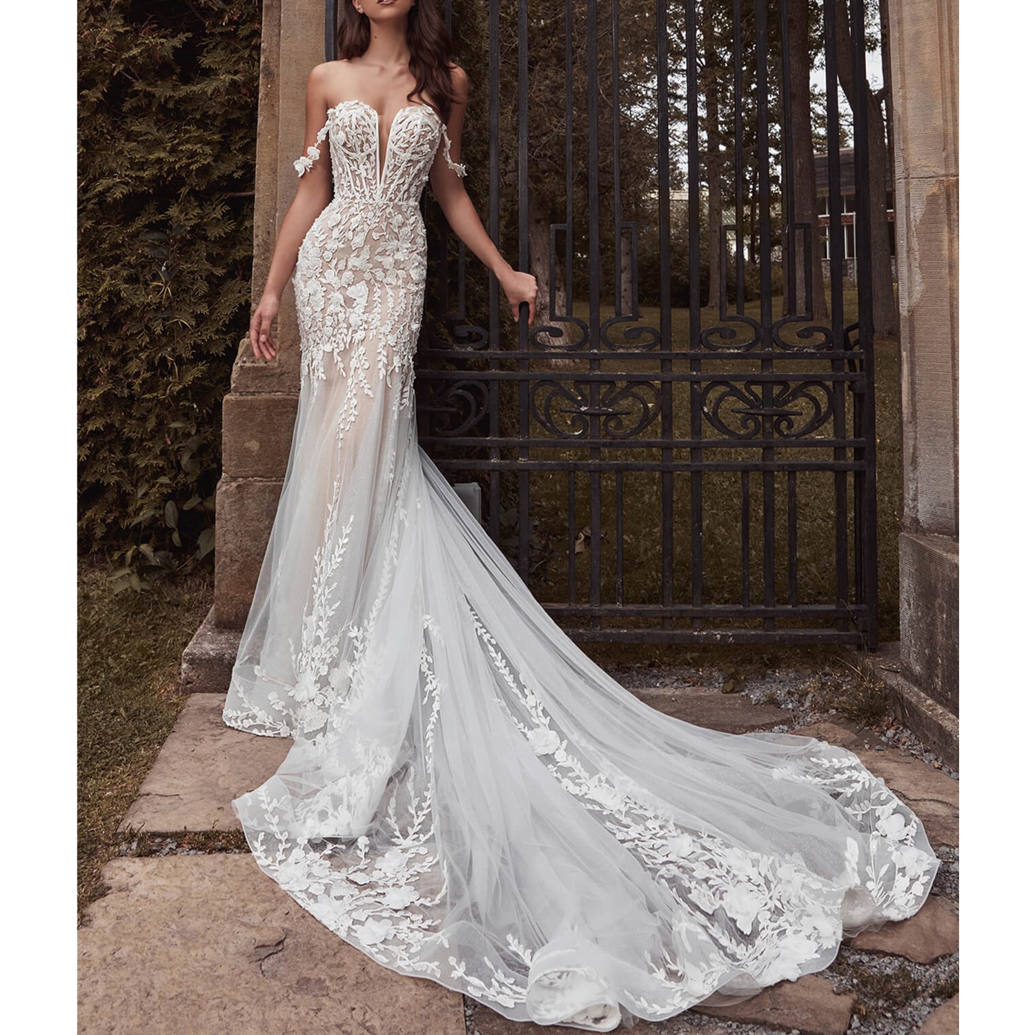 Julie Vino Mermaid Wedding Dresses Detachable Train Off Shoulder Sweep Backless Lace Dress Applique Bridal Gown
