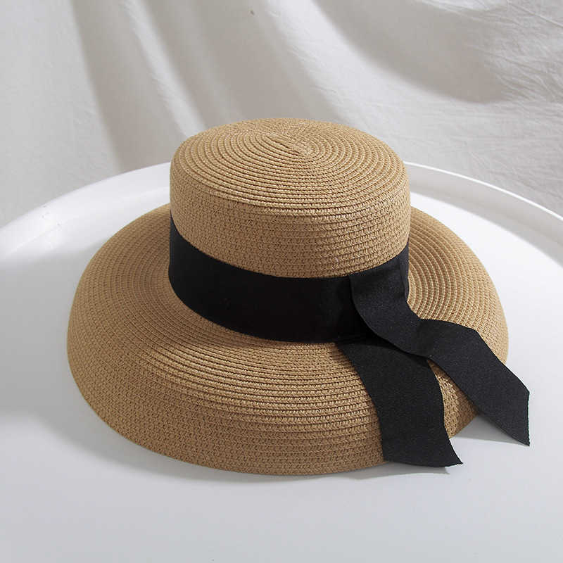 Wide Brim Hats Summer Women Beach Raffia Black White Ribbon Hat Bow Raffia Hat Temperament Flat Cap Straw Hats Women's Seaside Hat G230227 - view 4