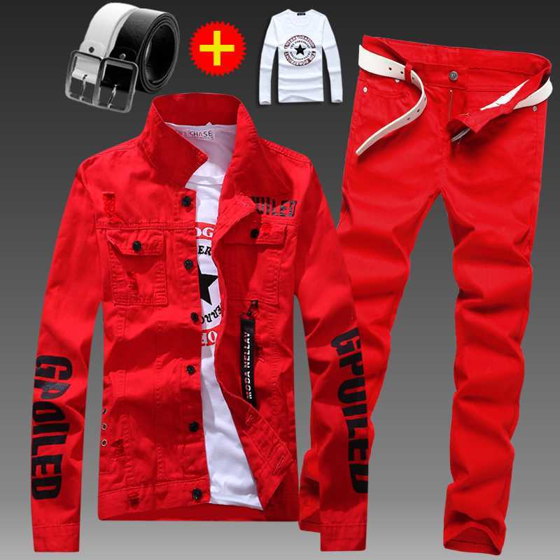 Men's Tracksuits Men's slim denim jacket pants 2-piece long sleeve jacket letter-printed casual large black and white men's trousers Z0