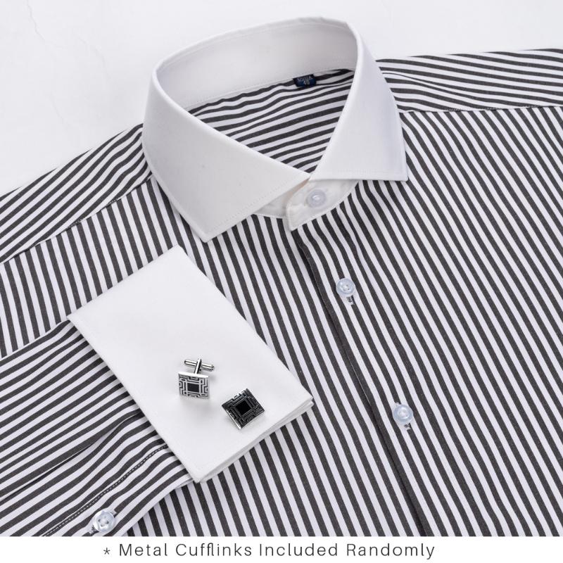 Men's Dress Shirts Windsor Collar Striped French Cuff Mens Long Sleeve Formal Business Party Wedding Slim Fit Tuxedo Cufflinks ShirtMen's