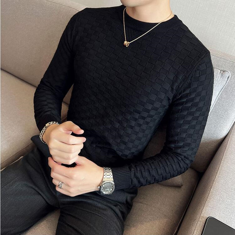 Men's Sweaters Men's Autumn/Winter Thermal Knit Sweater/Male Slim Fit Plaid Fashion Round Collar Set Head Sweaters Jumper Casual Sweater 230