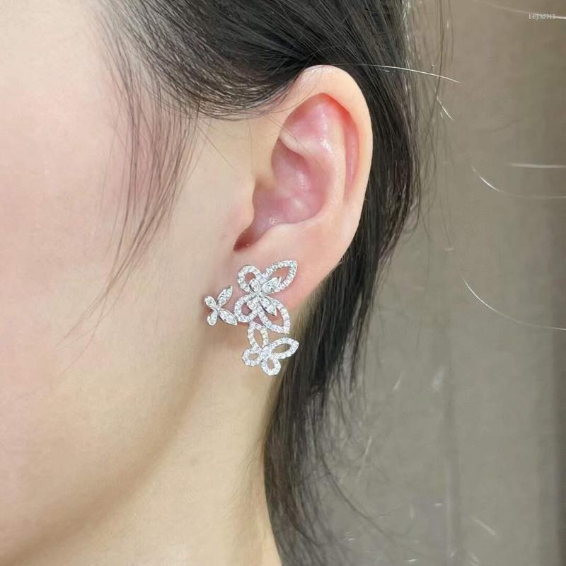 Stud Earrings Fashion Womens Three Butterfly Pear Zircon Earring 925 Sterling Silver Crystal Animal Wedding Party Jewelry