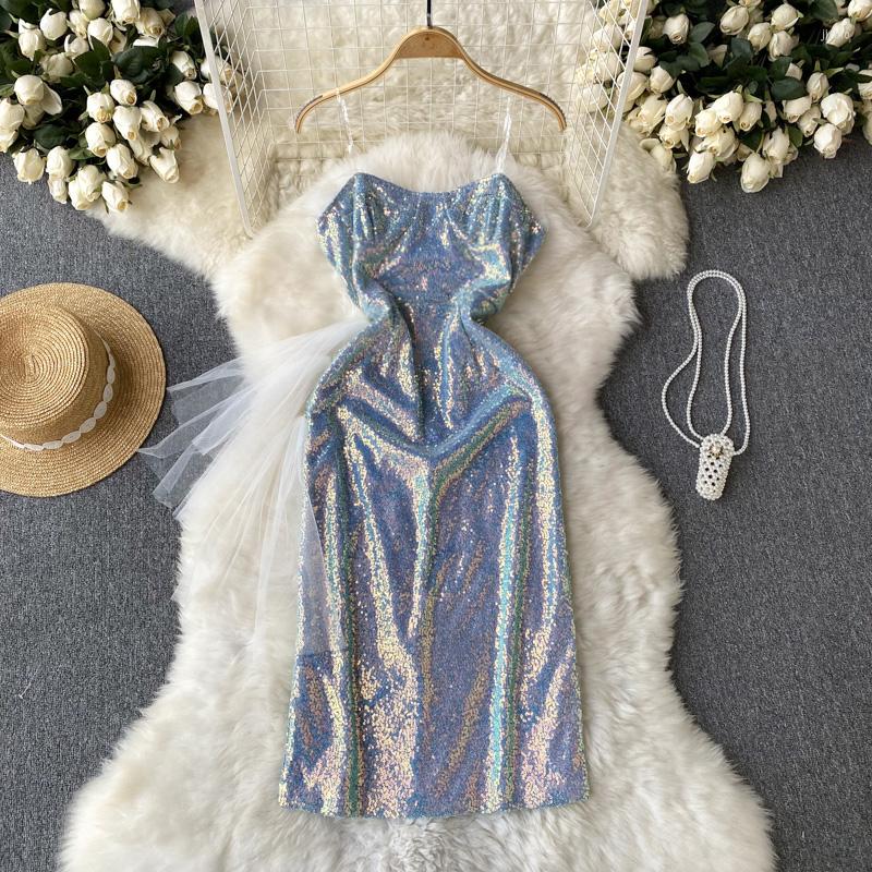 Casual Dresses Summer Fashion Sequins Stitching Mesh Slim Wrap Hip Mini Evening Dress Women Sleeveless Night Club Vestidos J126