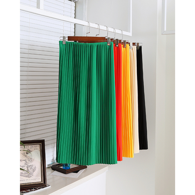 2023 Spring Summer Elastic Waist Skirt Black / Red Pure Color Pleated Mid-Calf A-Line Casual Skirts N3F284252