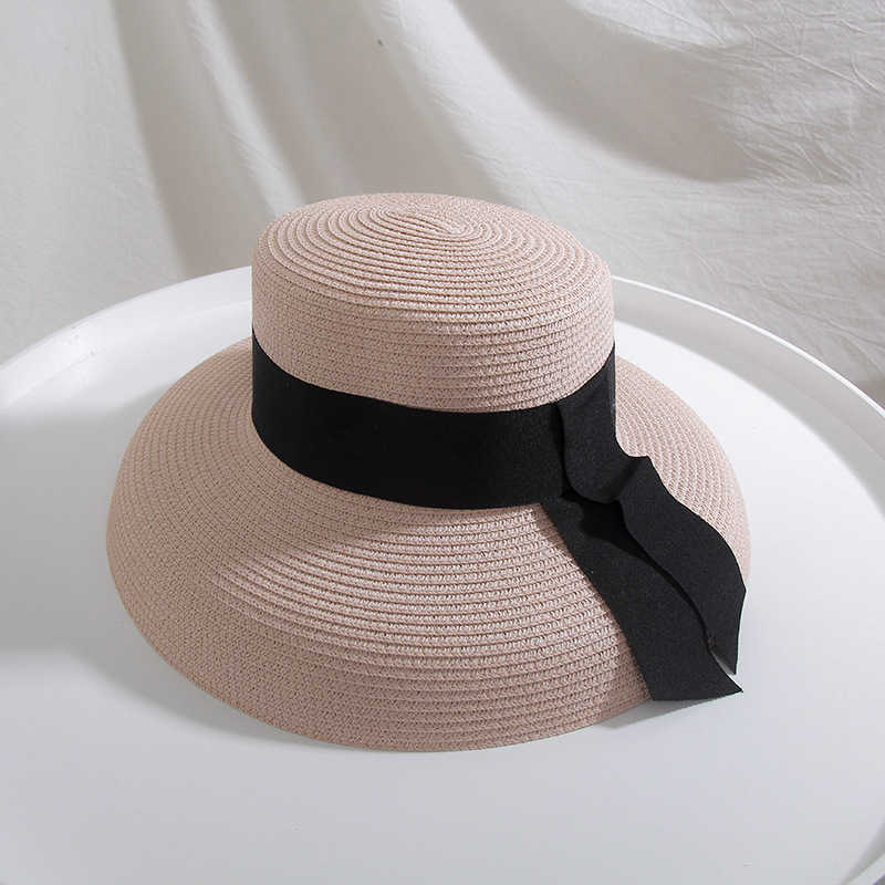 Wide Brim Hats Summer Women Beach Raffia Black White Ribbon Hat Bow Raffia Hat Temperament Flat Cap Straw Hats Women's Seaside Hat G230227 - view 7