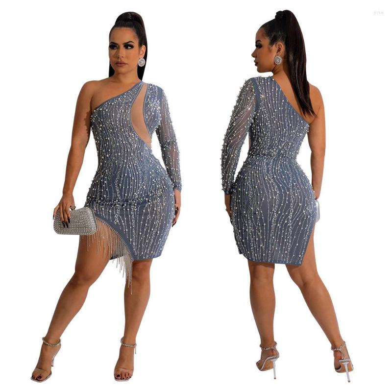 Casual Dresses 2023 Women Ladies Fashion Temperament Sexy One Shoulder Style Bright Drill Slit Bag Buttock Dress