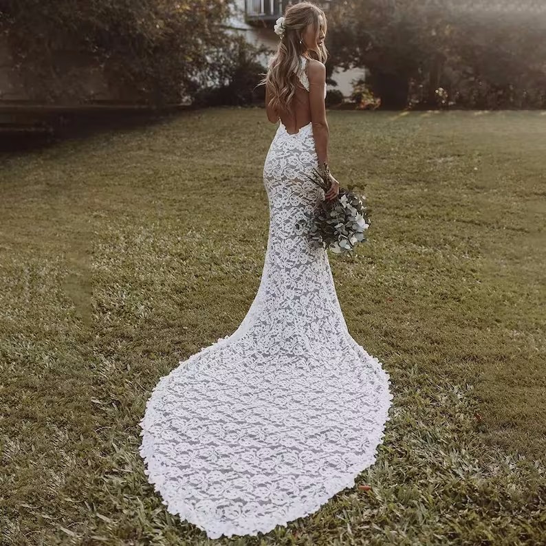 New Cheap Bohemian Sexy Arabic Mermaid Wedding Dresses Summer Beach Halter Backless Full Lace Sweep Train Formal Plus Size Bridal Gowns