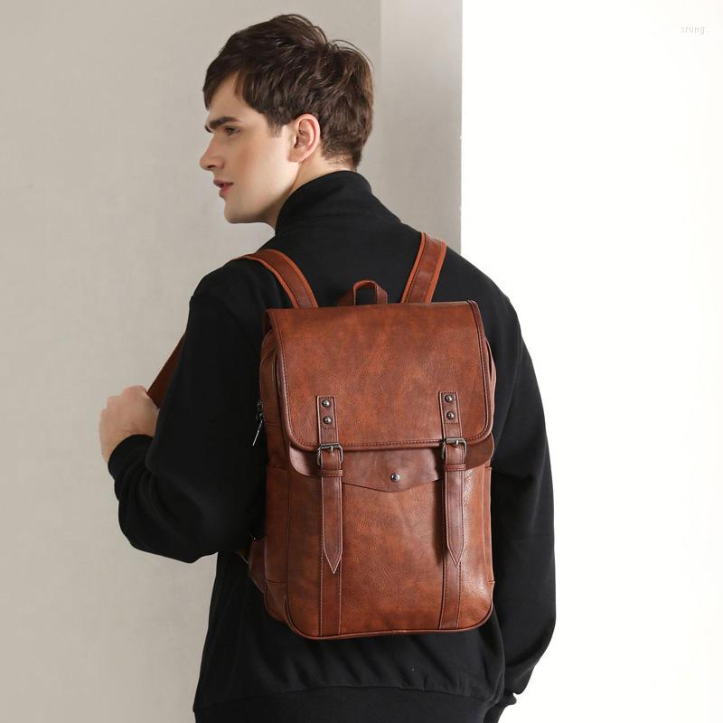 Backpack Multifunctional Vintage Waterproof Men School Bags Leather Backpacks Travel Retro 15.6 Inch