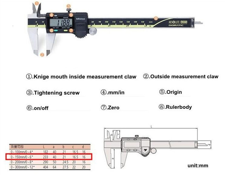 Vernier Calipers CNC Mitutoyo Tool Caliper Absolute 150mm Digital Stainless Steel 8Inch/Metric 8" 0-200mm Range -0.001" Accuracy 0.0005&quot