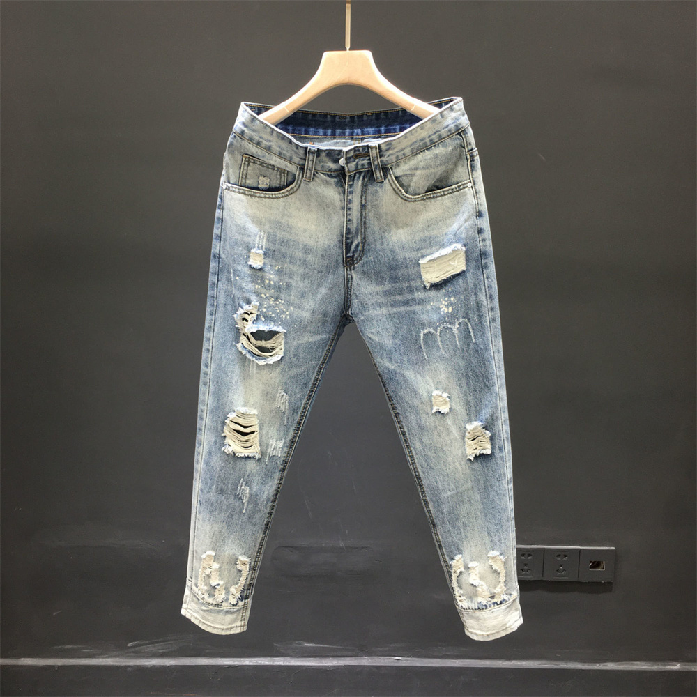 Men's Jeans Holes And Women Summer High Waist Thin Color Loose Straight Denim Anklelength Harem Pants 230227