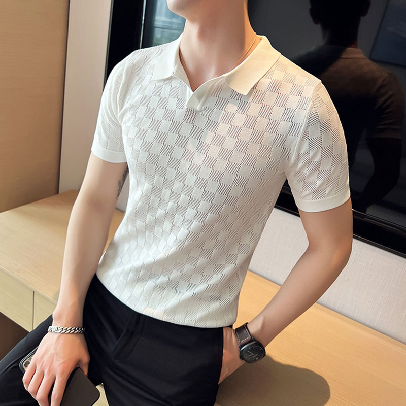 Men's Polos Summer Thin Ice Silk Knitted Polo Shirts Mens Elasticity Mesh Casual T Shirt Male Short Sleeve O-Neck Slim Fit Breathable Polos 23022