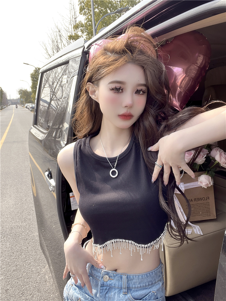 Womens high waist o-neck sleeveless rhinestone tassel fringe bottom short vest tanks camis