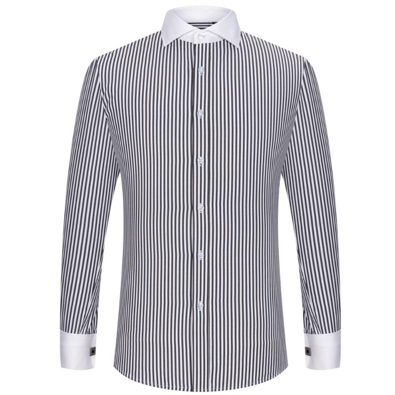Men's Dress Shirts Windsor Collar Striped French Cuff Mens Long Sleeve Formal Business Party Wedding Slim Fit Tuxedo Cufflinks ShirtMen's