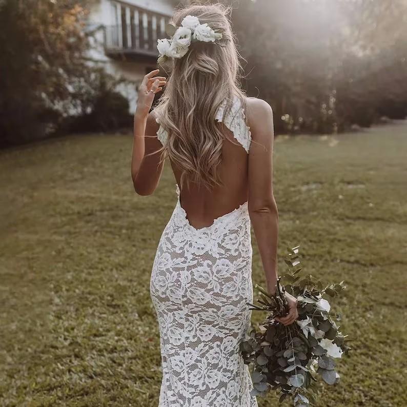 New Cheap Bohemian Sexy Arabic Mermaid Wedding Dresses Summer Beach Halter Backless Full Lace Sweep Train Formal Plus Size Bridal Gowns